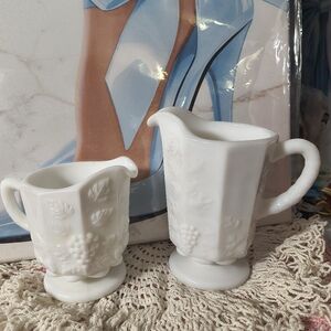Vintage, White Milk Glass Creamer and Sugar Set Grapevine
